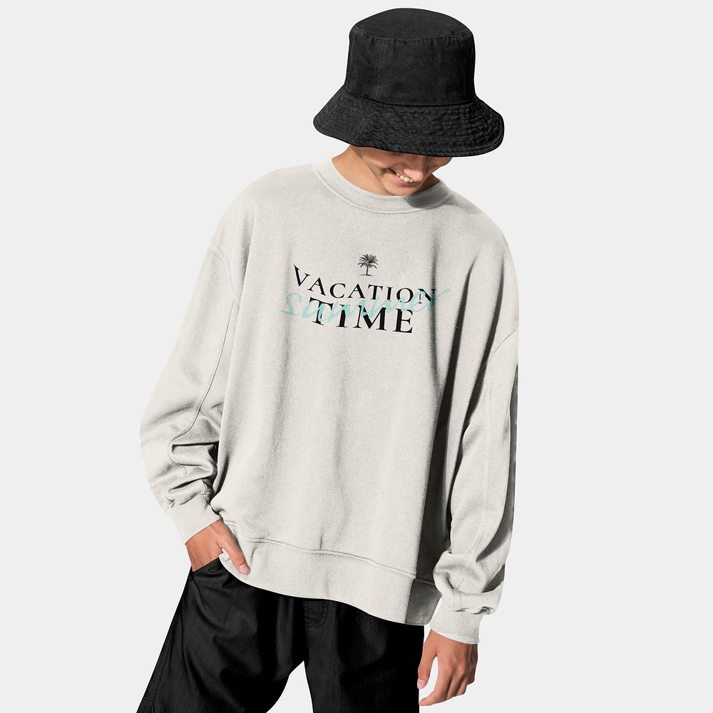 Casual sweater mockup, simple grey apparel design worn by a young man psd