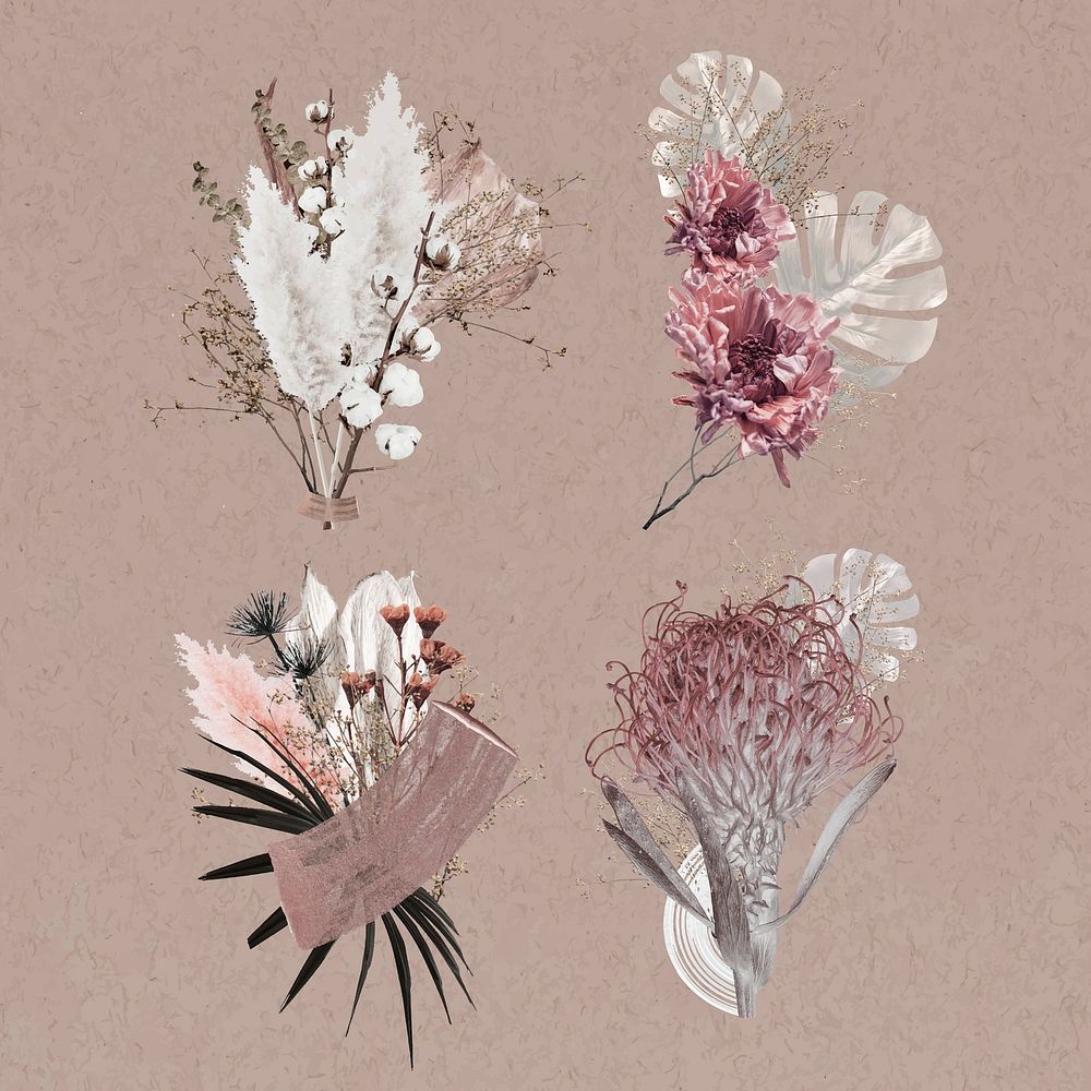 Aesthetic pink flower bouquet mixed media collage element set vector