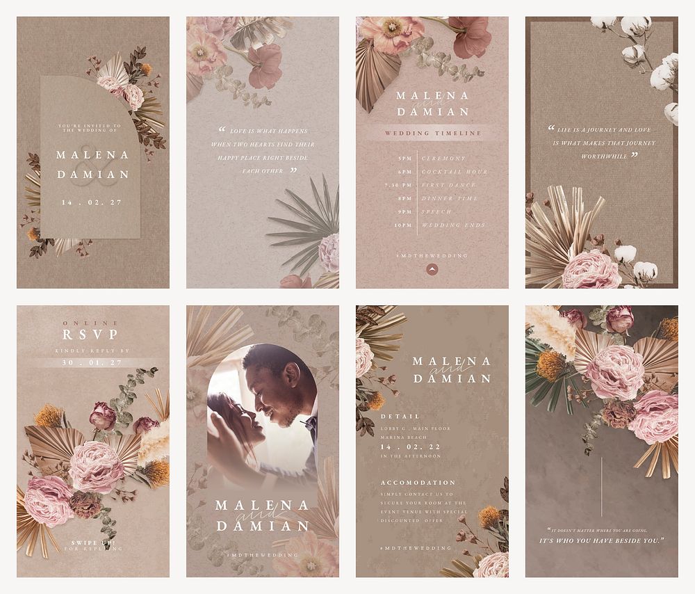 Aesthetic floral Instagram story template, wedding invitation set vector