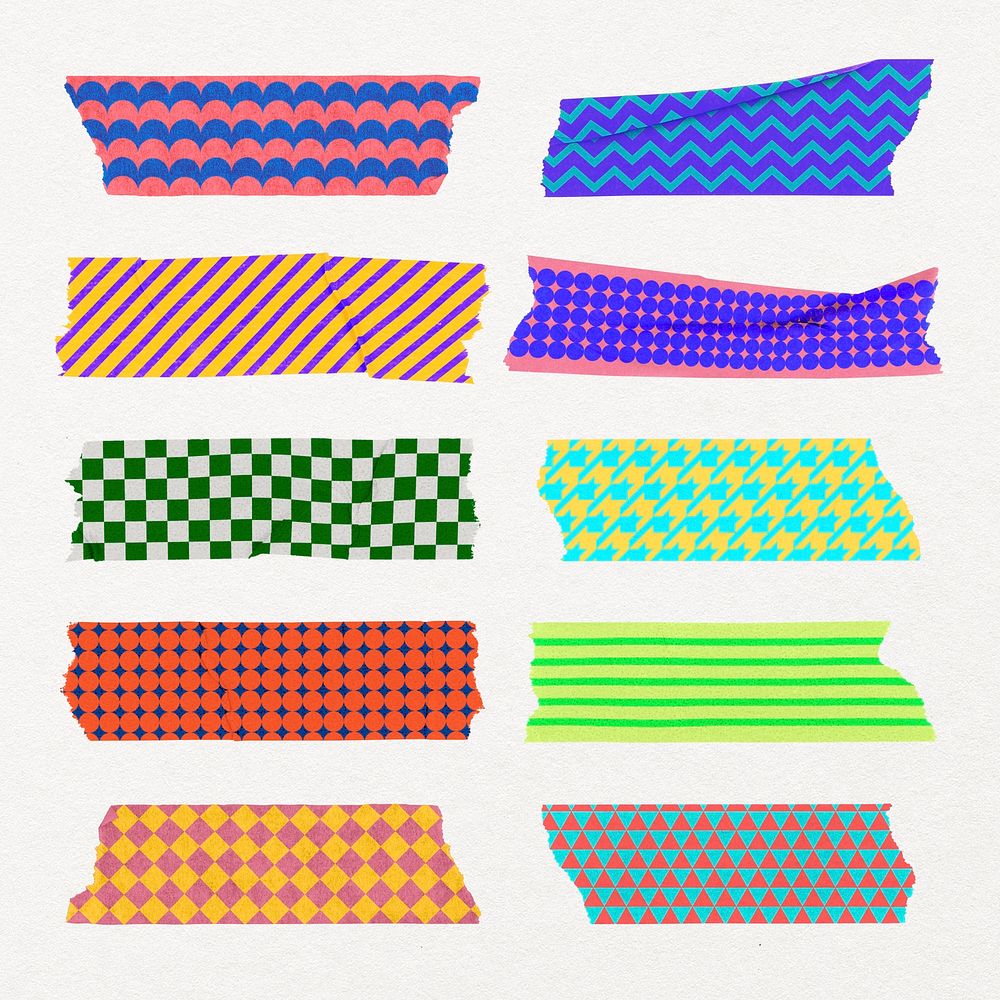 Colorful washi tape sticker, geometric patterns, abstract design psd set