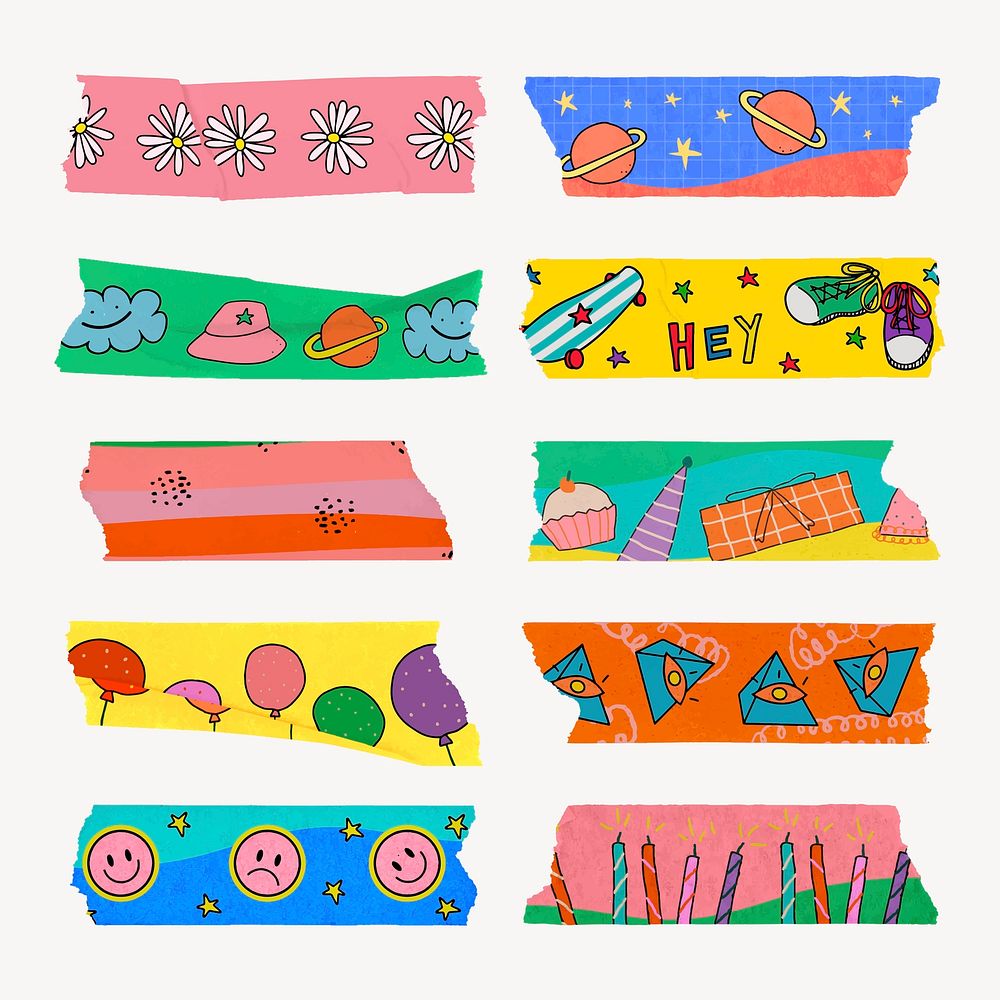 Colorful washi tape sticker, fun design for kids vector set