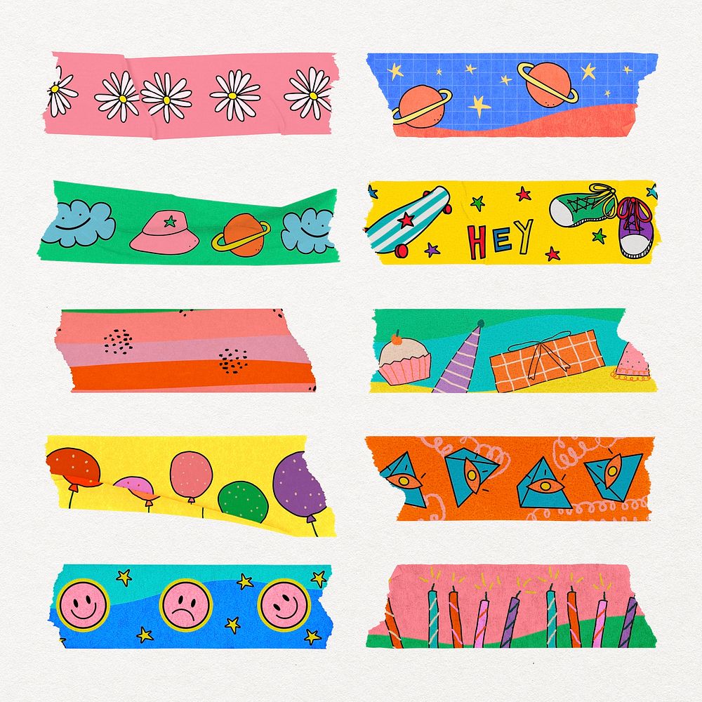 Colorful washi tape sticker, fun design for kids psd set