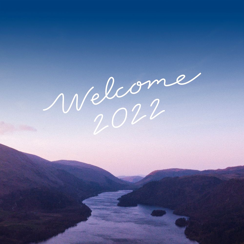 Aesthetic new year greeting, welcome 2022 design psd, mountain background