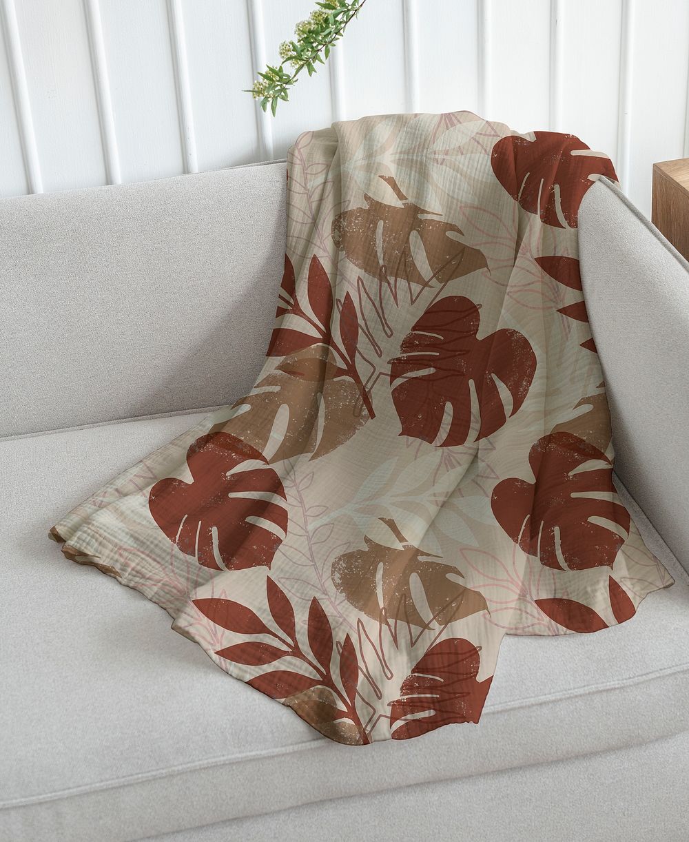 Botanical throw blanket mockup, home decor in earth tone psd