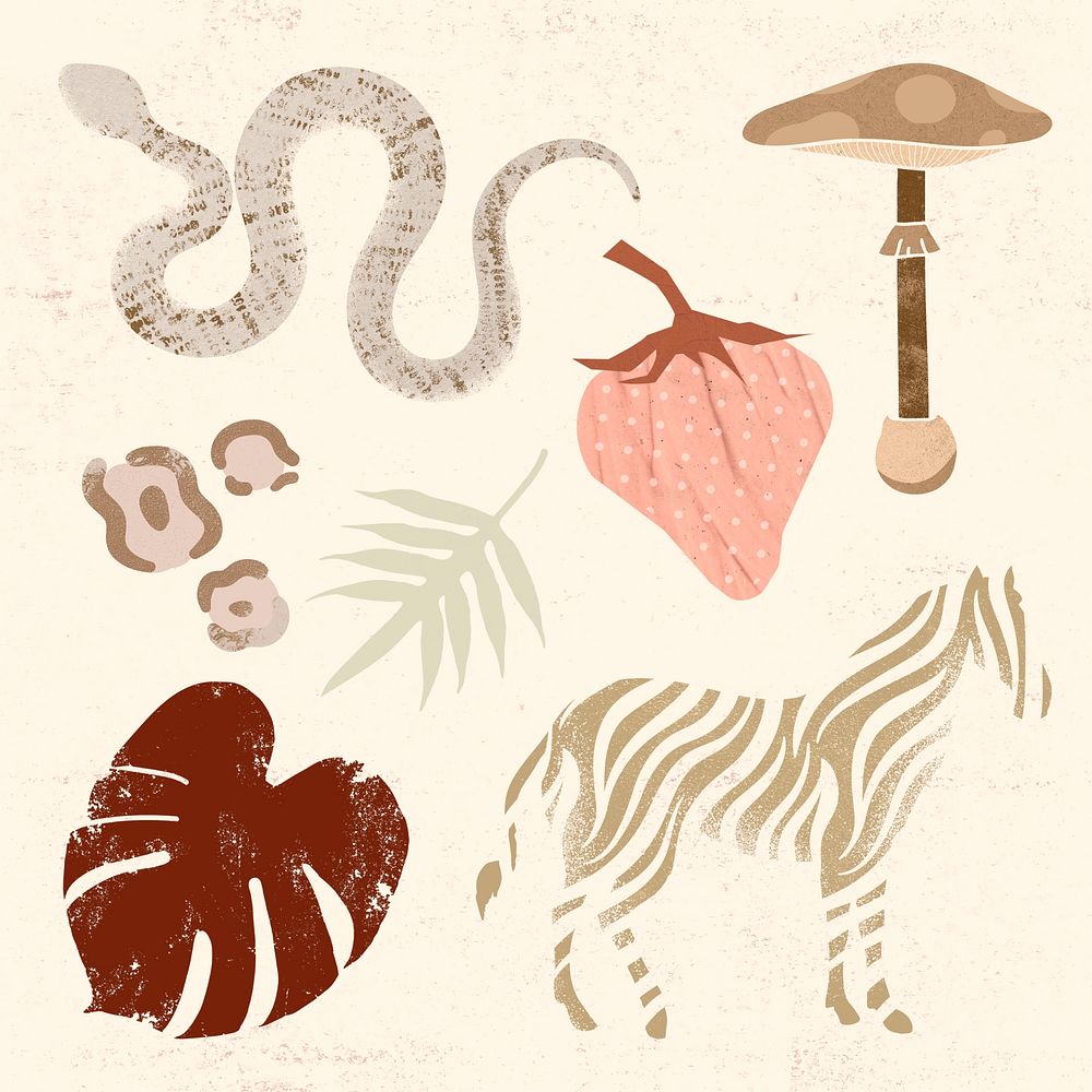 Exotic animal stickers, aesthetic earthy collage elements psd set