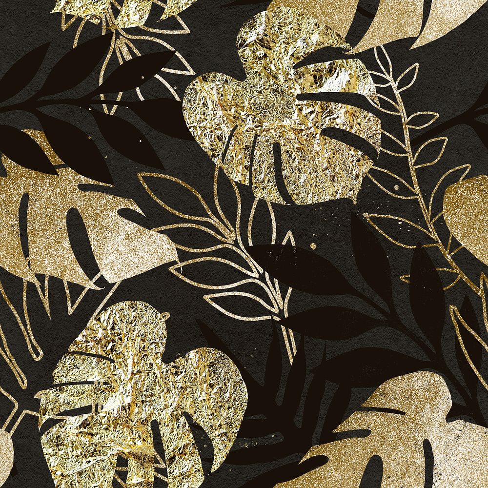 Aesthetic leaf pattern background, gold glitter psd