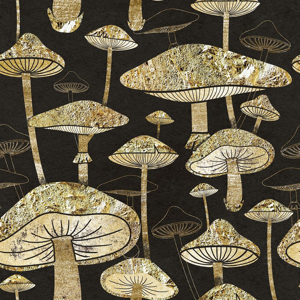 Gold mushroom pattern background, cottagecore design psd