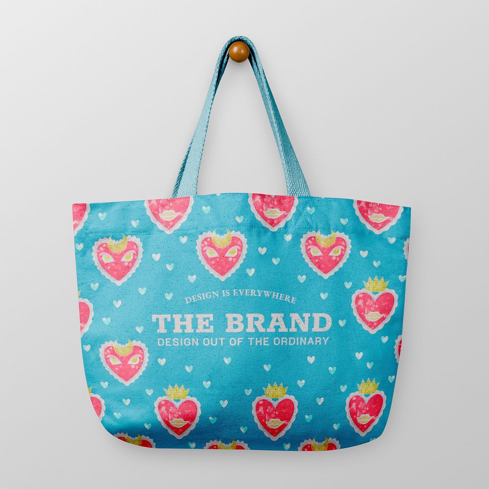 Cute tote bag mockup, heart pattern in colorful design psd