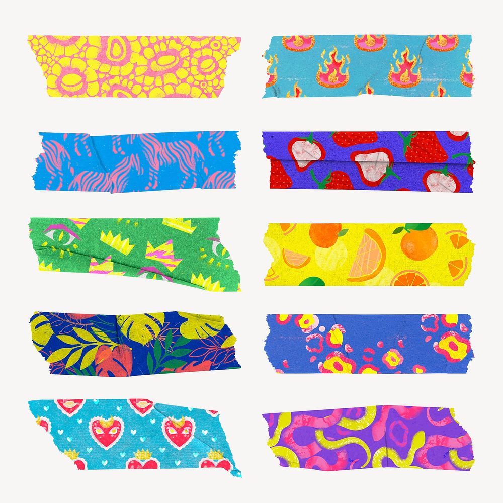 Funky pattern washi tape clipart, colorful journal decoration vector set
