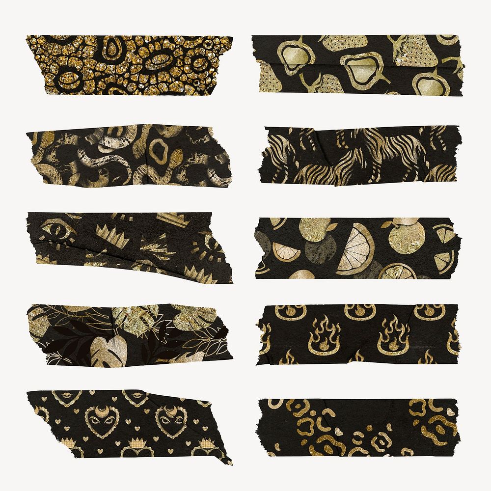 Aesthetic pattern washi tape clipart, gold glitter journal decoration vector set