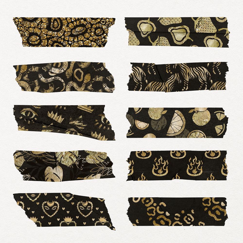 Aesthetic pattern washi tape clipart, gold glitter journal decoration psd set