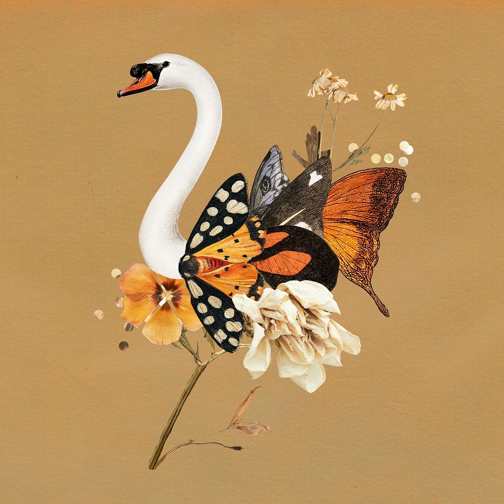 Swan illustration, animal collage scrapbook sticker, mixed media artwork psd