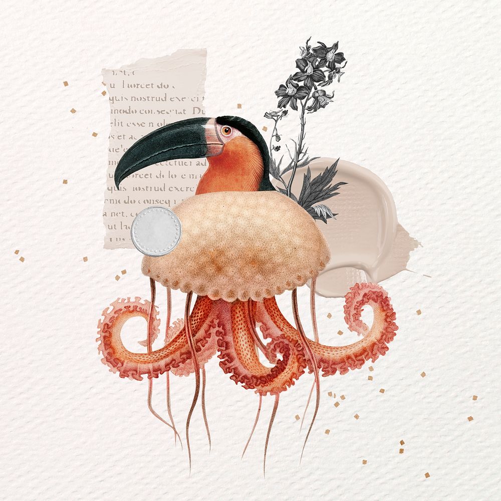 Retro toucan bird illustration digital note, surreal hybrid animal scrapbook collage art element psd