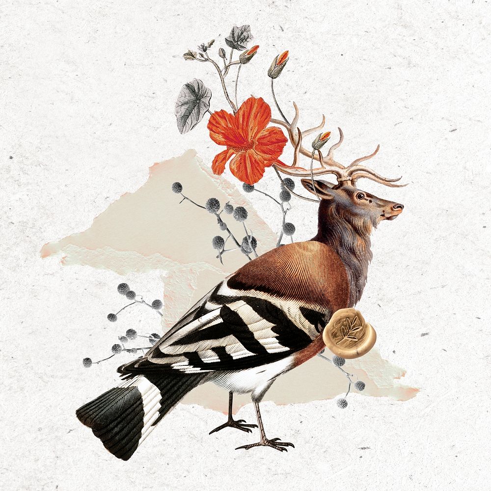 Deer and bird illustration, animal collage scrapbook mixed media artwork psd