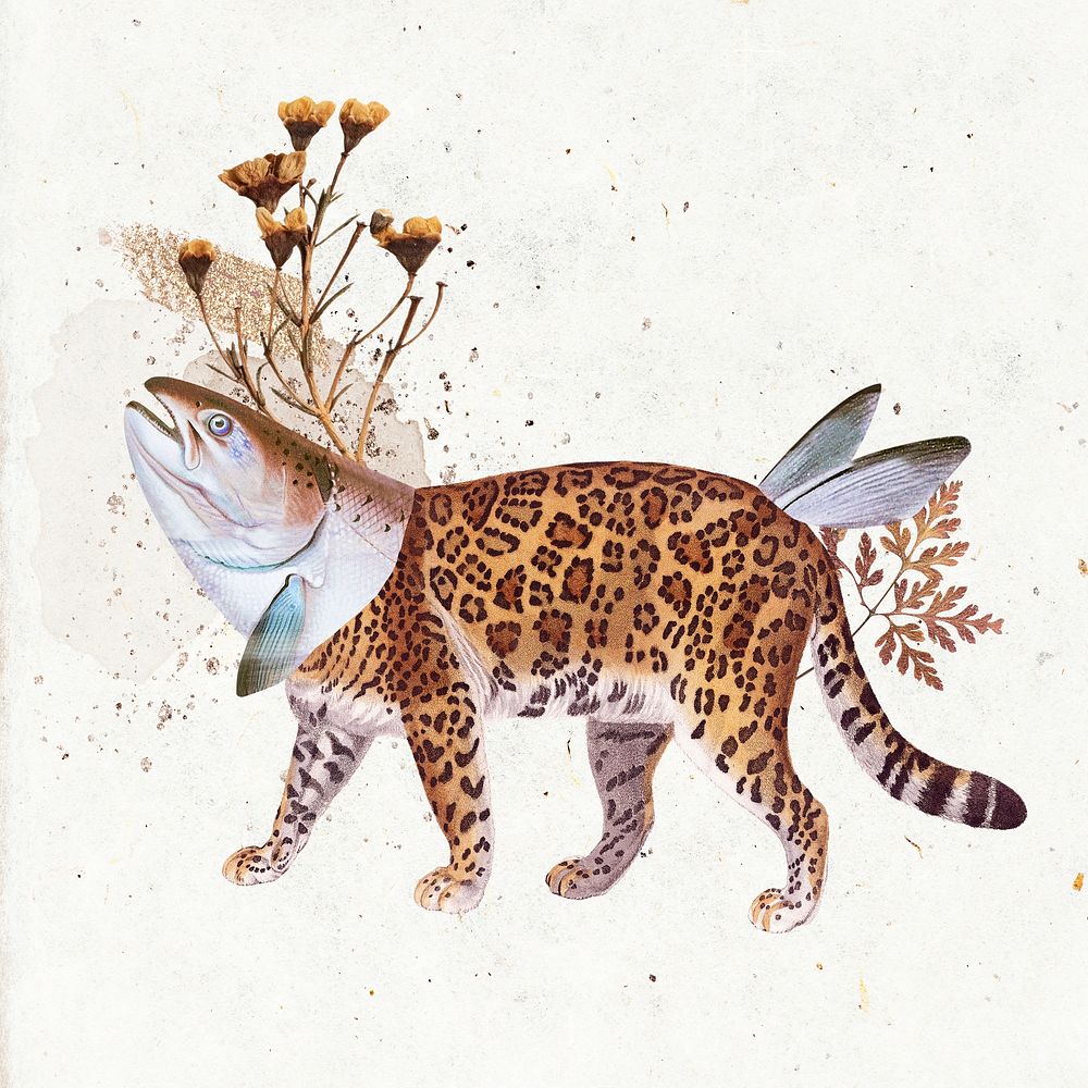 Leopard illustration, animal collage scrapbook mixed media artwork psd