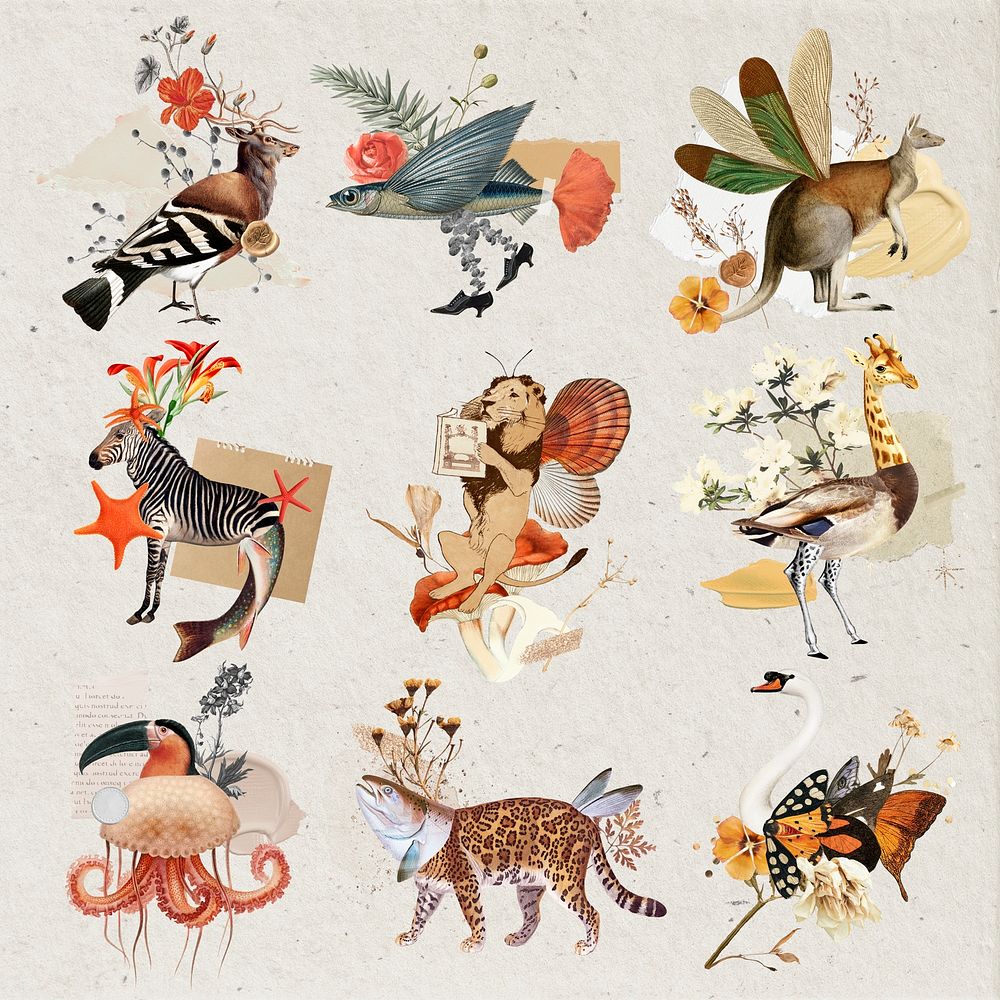 Retro animal collage sticker illustration, aesthetic surreal scrapbook cut out clip art psd