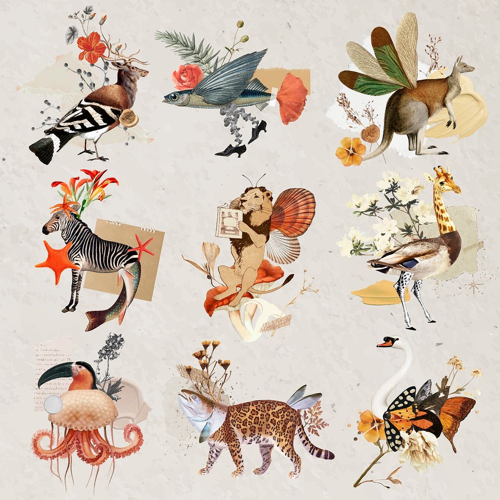 Retro animal collage sticker illustration, aesthetic surreal scrapbook cut out clip art vector