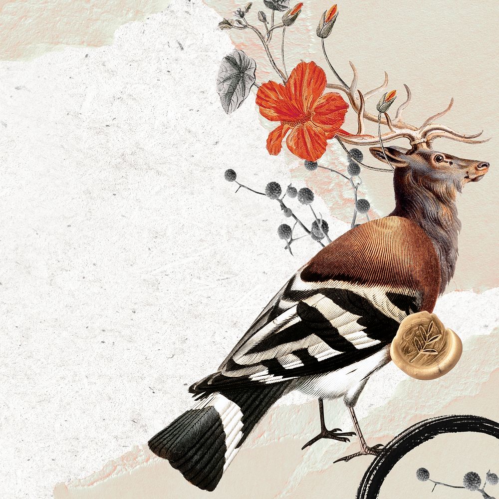 Deer and bird illustration border, animal collage scrapbook mixed media artwork psd