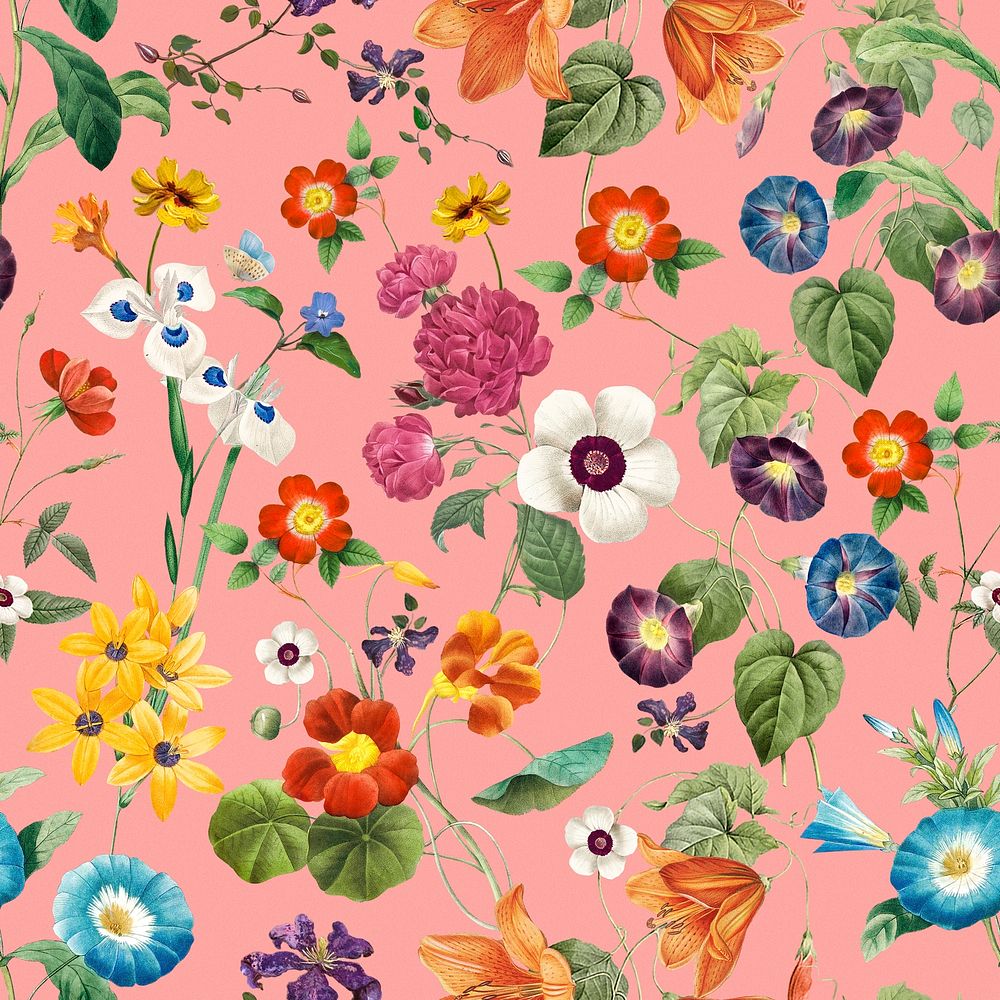 Pink floral seamless pattern, botanical background psd, remixed from original artworks by Pierre Joseph Redout&eacute;