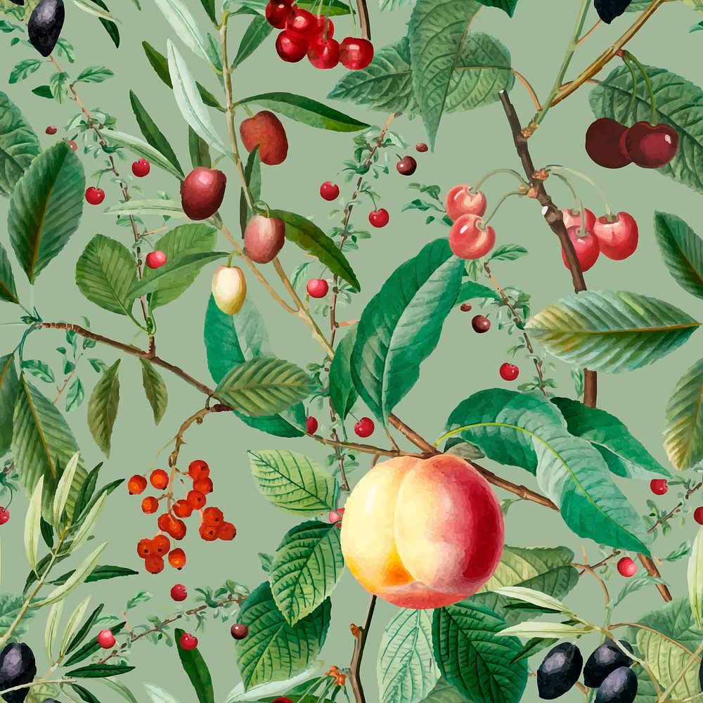 Fruit seamless pattern, botanical background vector, remixed from original artworks by Pierre Joseph Redout&eacute;