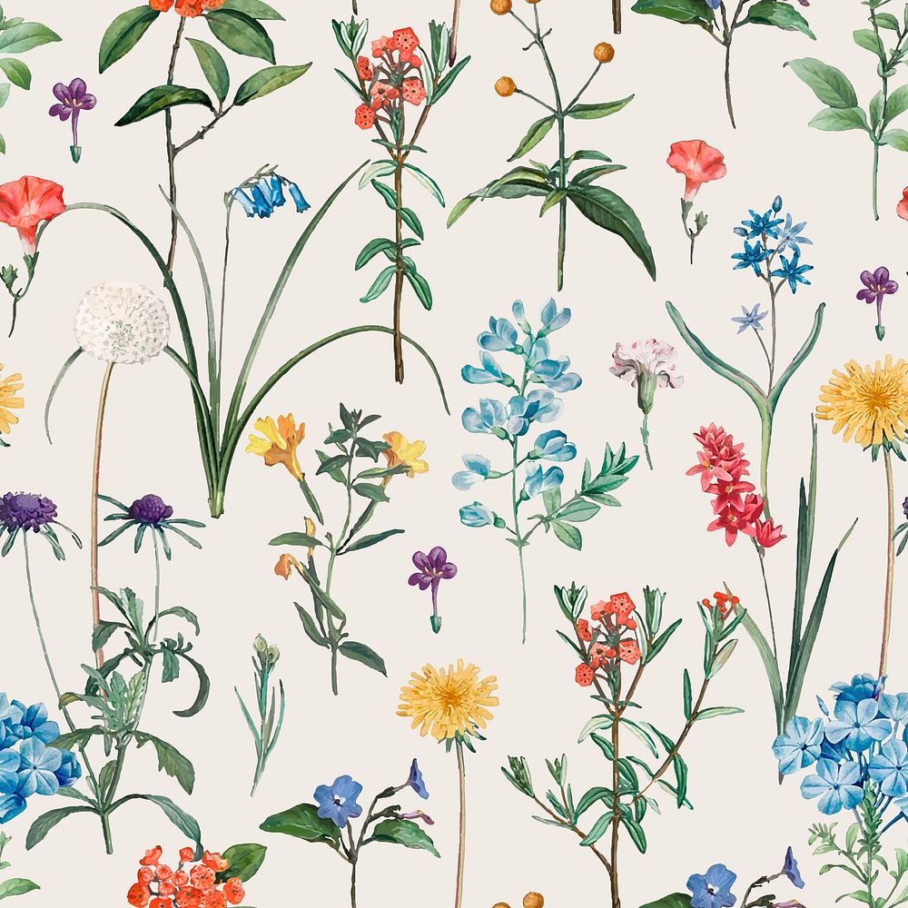 Vintage floral seamless pattern, botanical background vector, remixed from original artworks by Pierre Joseph Redout&eacute;