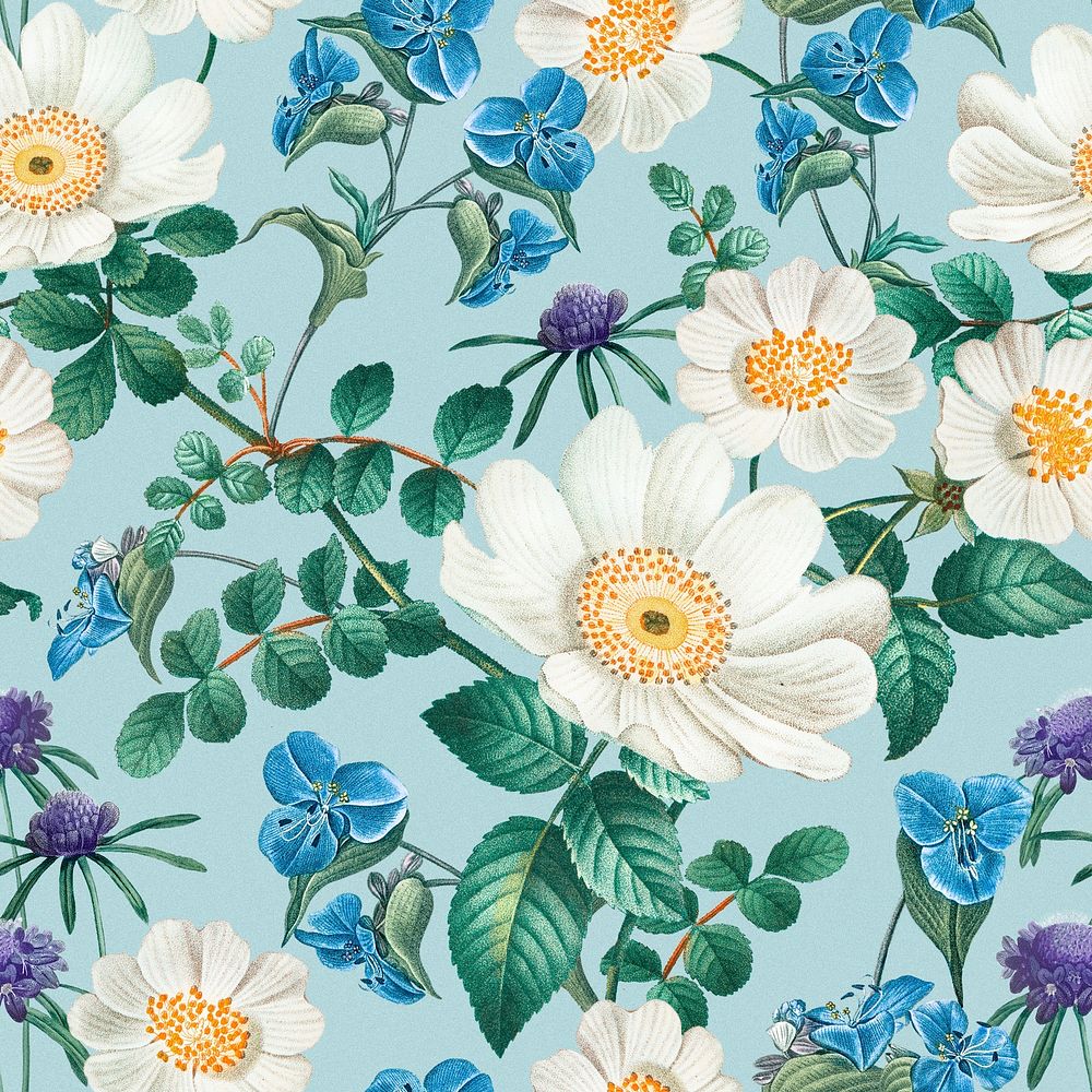 White floral seamless pattern, botanical background psd, remixed from original artworks by Pierre Joseph Redout&eacute;