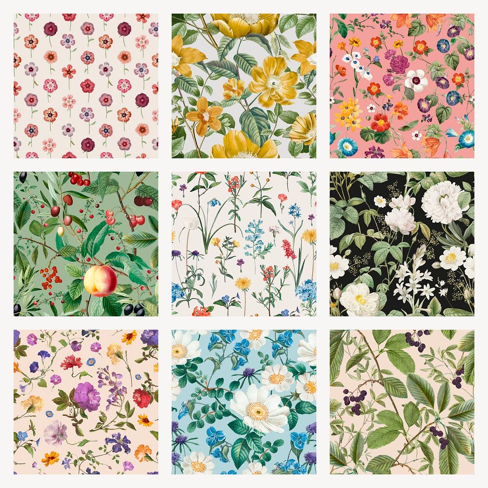 Botanical seamless patterns, vintage floral background set psd, remixed from original artworks by Pierre Joseph…