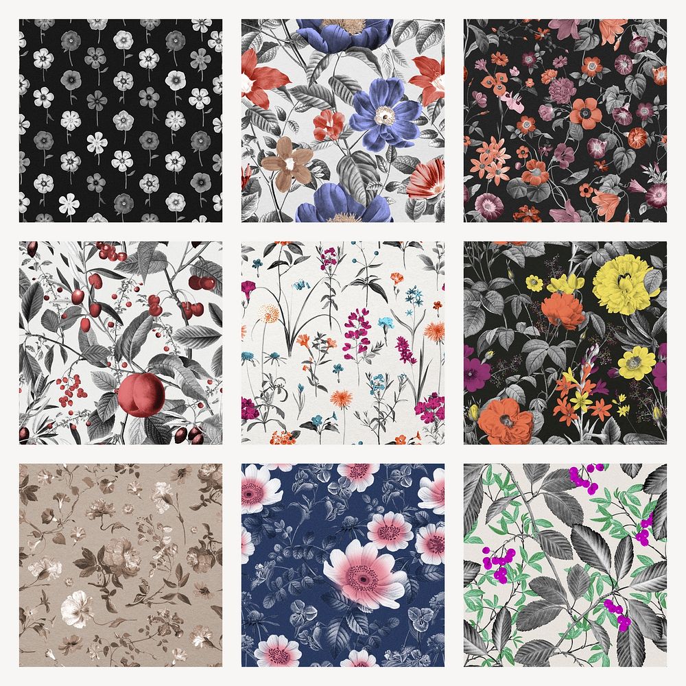 Floral seamless patterns, botanical background set psd, remixed from original artworks by Pierre Joseph Redout&eacute;