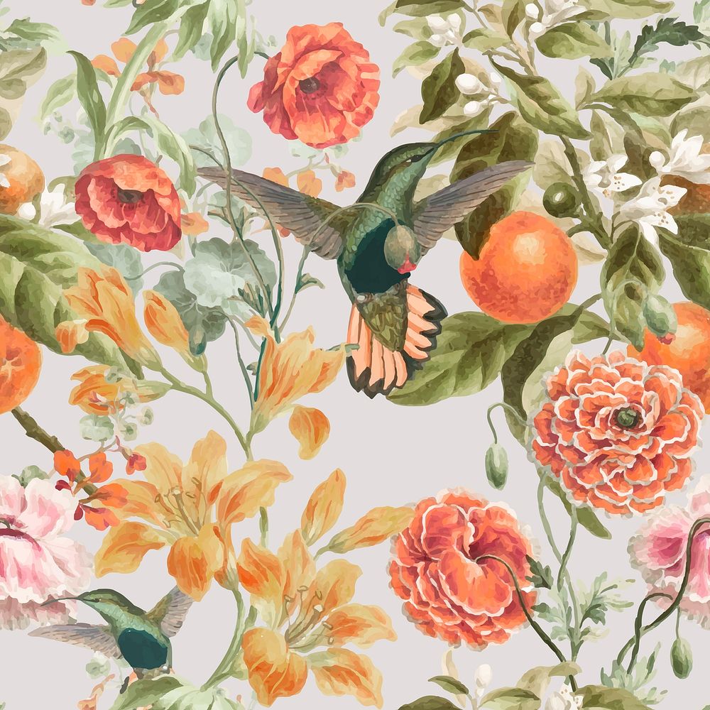 Summer botanical pattern background, birds design vector, remixed from original artworks by Pierre Joseph Redout&eacute;