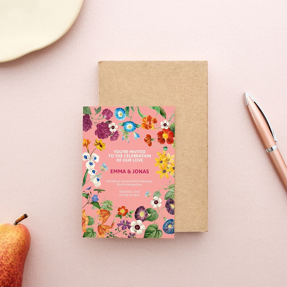 Floral card mockup, flat lay design psd, remix from the artworks of Pierre Joseph Redout&eacute;