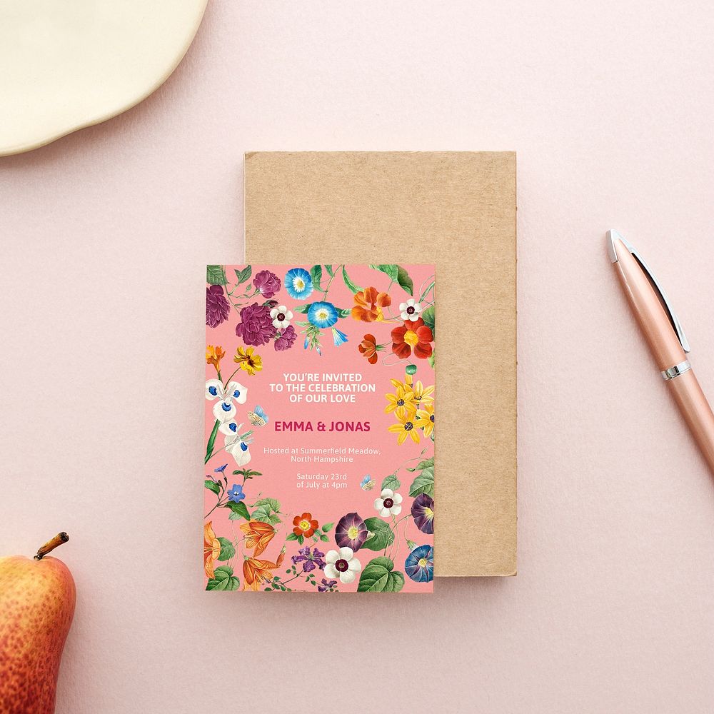 Floral card mockup, flat lay design psd, remix from the artworks of Pierre Joseph Redouté