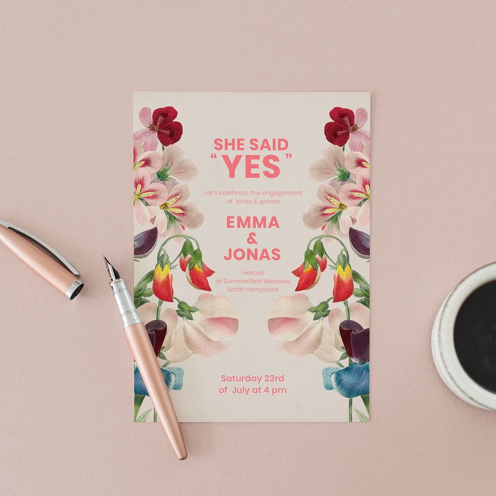 Flower card mockup, flat lay design psd, remix from the artworks of Pierre Joseph Redout&eacute;