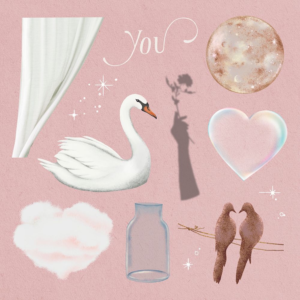 Cute pink stickers set, romance design psd