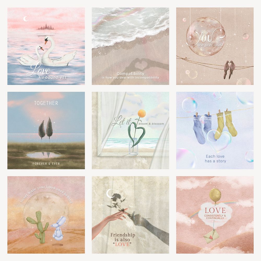 Romantic relationship Instagram post templates, cute design set psd