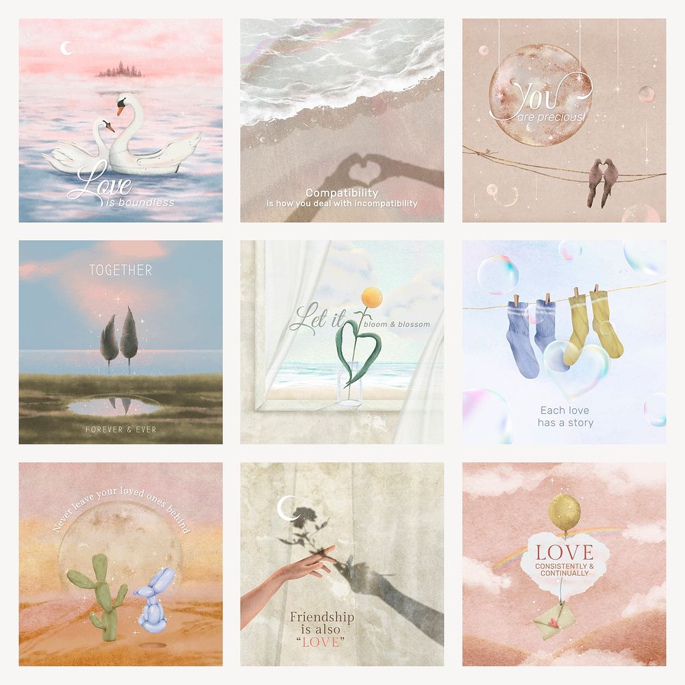 Valentines Instagram post templates, friendship, lovers design set vector