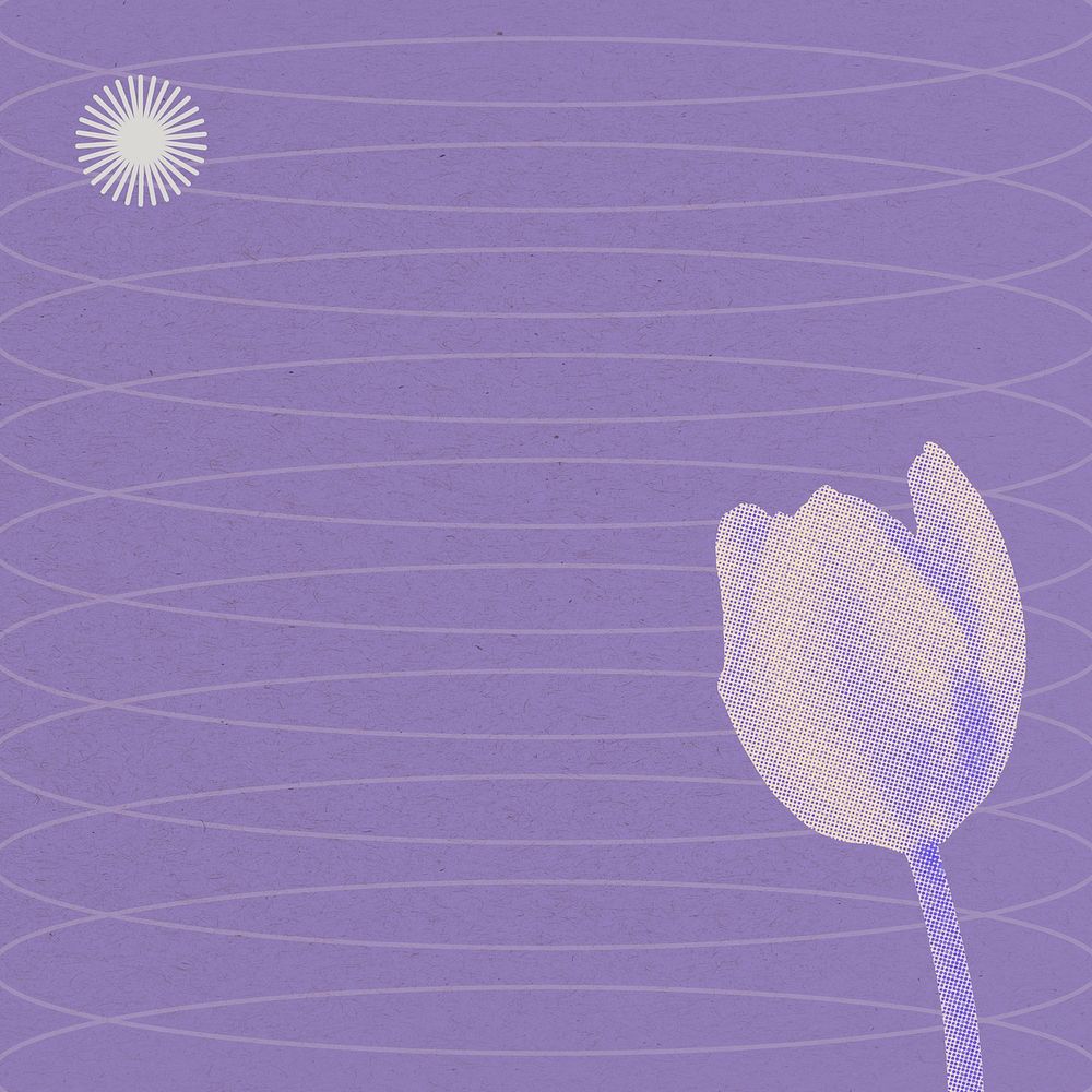 Purple retro flower background, halftone tulip design on abstract modern design remix