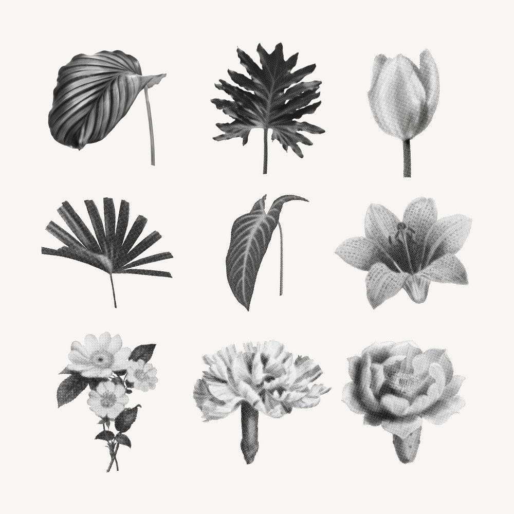 Plants & flowers collage element set, retro halftone black and white sticker pack psd