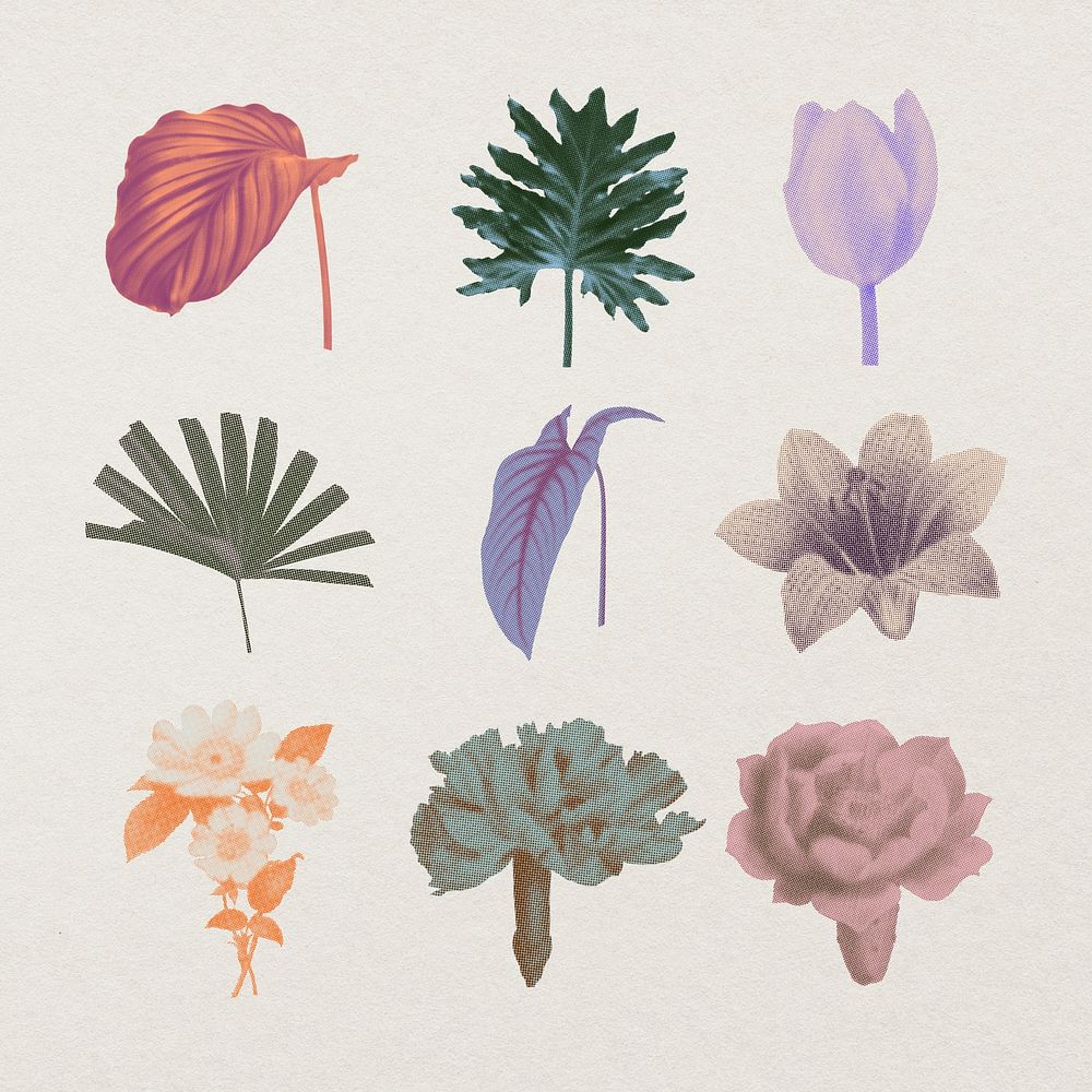 Botanical collage element set, retro halftone aesthetic sticker pack psd