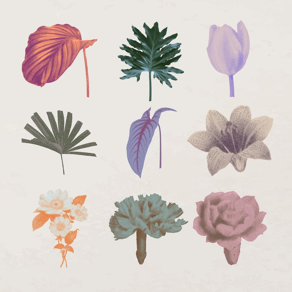Plants & flowers collage element set, retro halftone colorful sticker pack vector