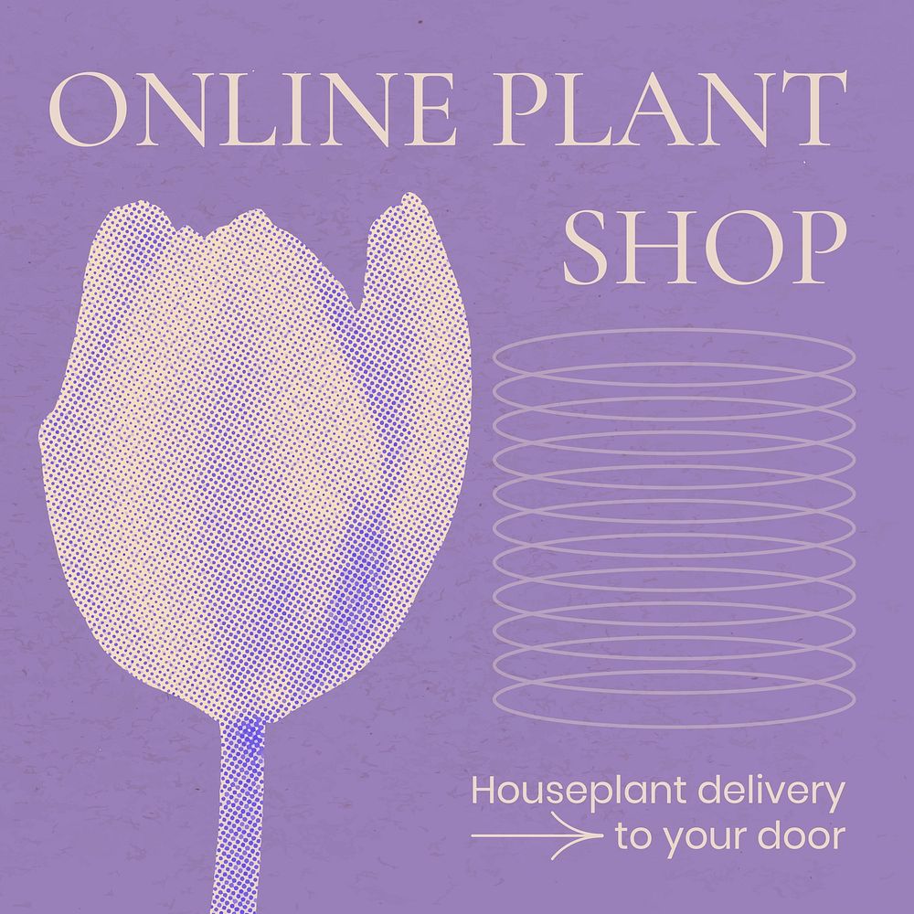 Floral social media template, retro modern aesthetic purple halftone, online plant shop design vector