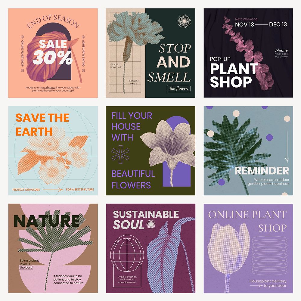 Botanical & floral template set, retro modern aesthetic halftone, social media feed design vector
