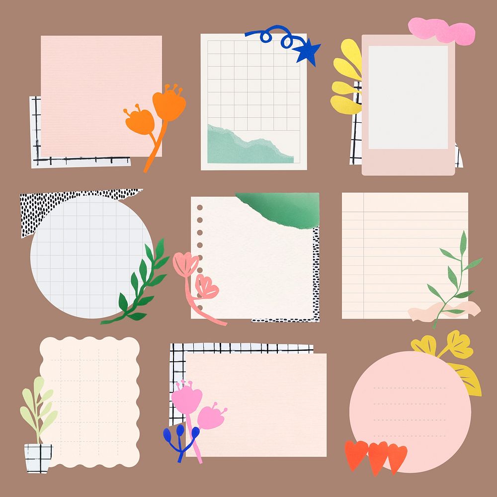 Cute paper note stickers, flower, leaf collage element for bullet journal set psd