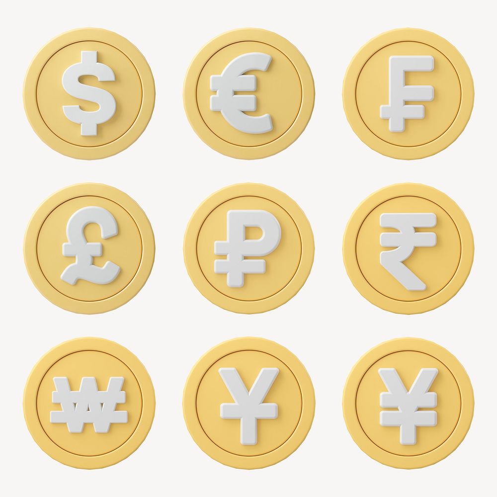 International currency exchange, money sign clipart, 3D psd set