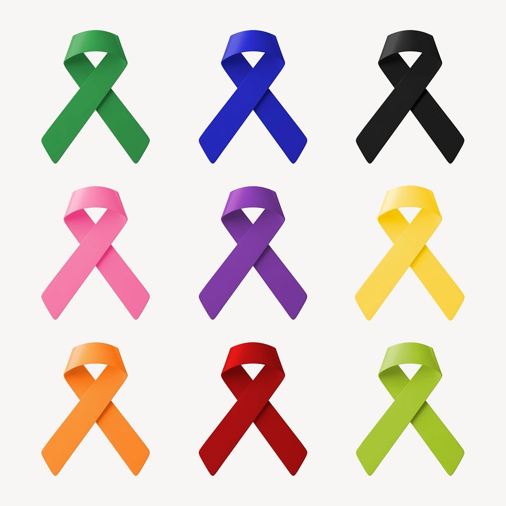 Cancer awareness ribbons clipart, 3D health & wellness graphic psd set