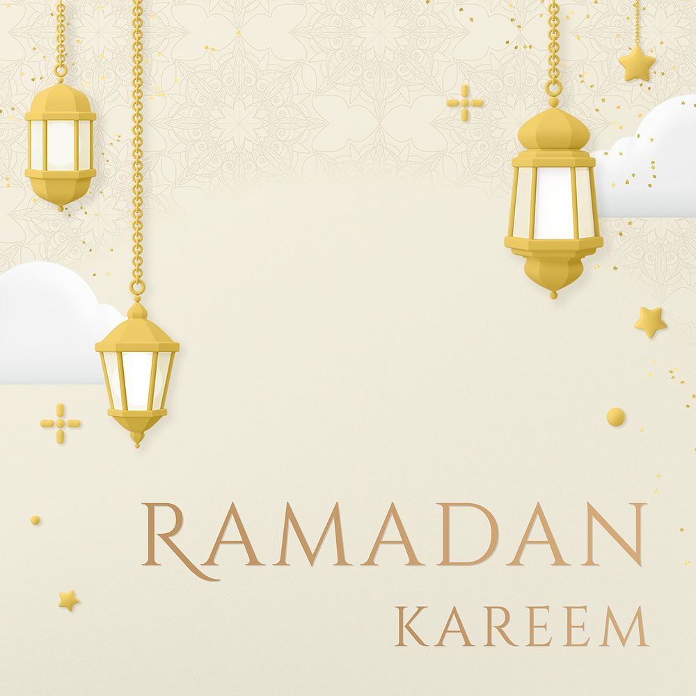 Ramadan Kareem greeting, 3D lanterns, social media post