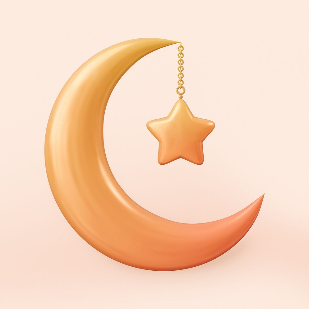 3D Ramadan moon clipart, orange religious illustration psd
