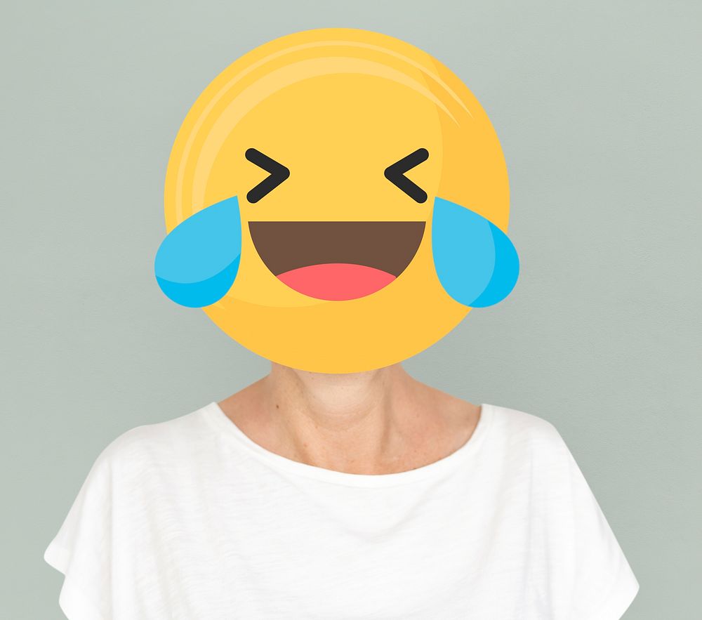 Laughing face emoji portrait on a woman