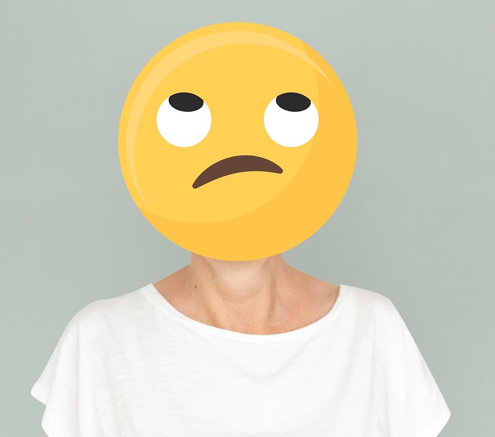 Unamused face emoji portrait on a woman