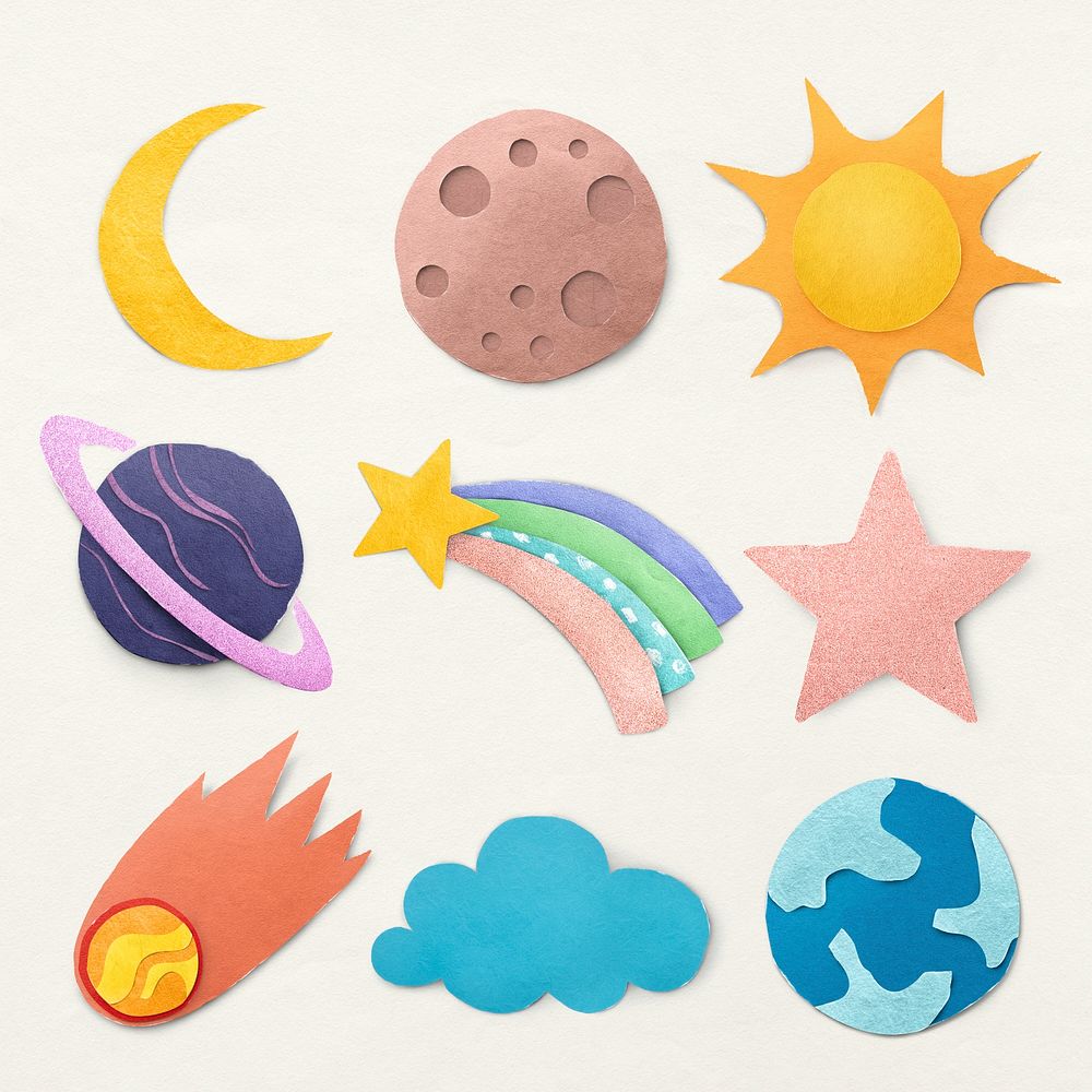 Cute space paper craft sticker set, colorful psd