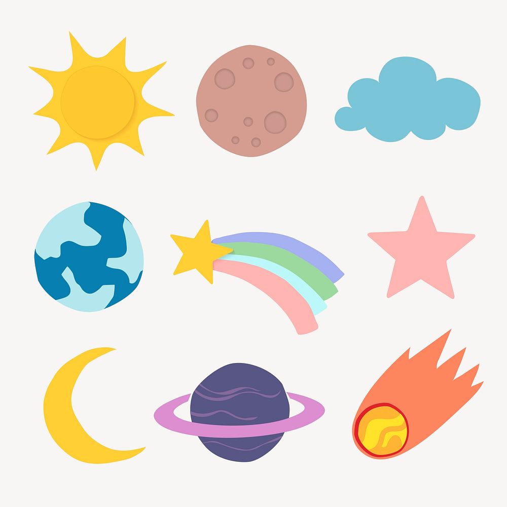 Cute space flat design sticker set, colorful psd